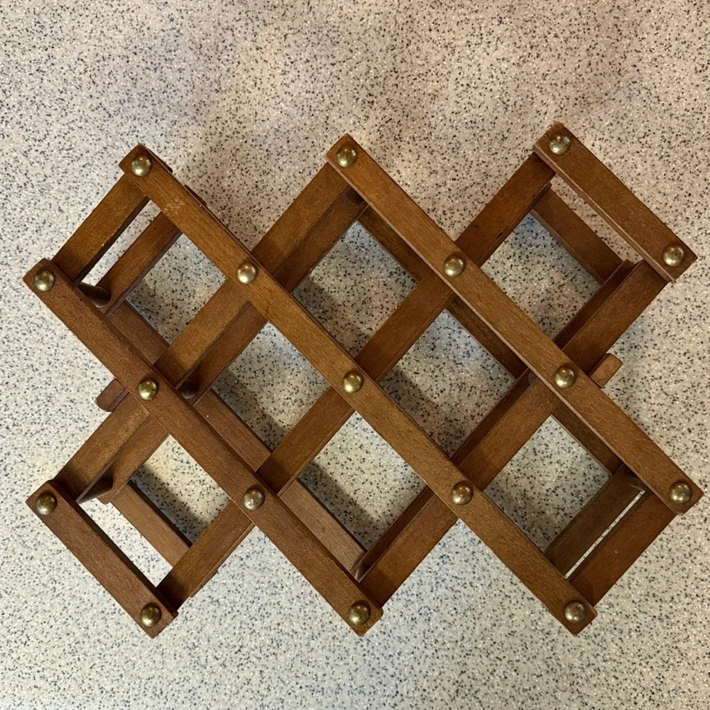 Vintage 70s Wooden Folding Accordion Style Wine Rack with Brass Nails.